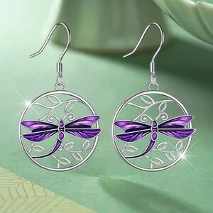 Silver Alloy Purple Dragonfly Dangle Earrings.
